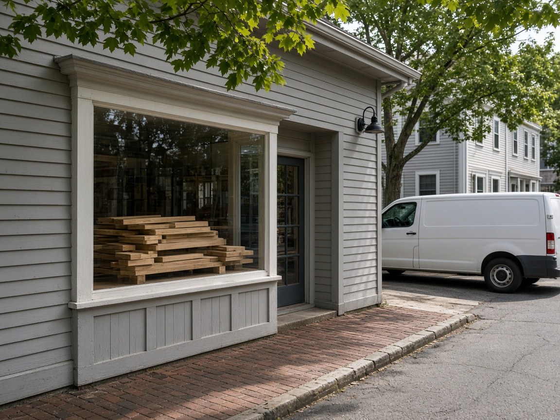 Street-front shop with lumber stacked in the window