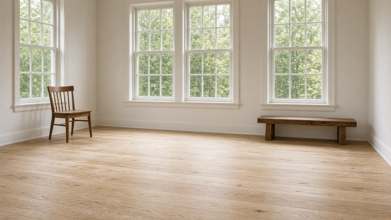 Sanded oak floor in a bright room with white windows