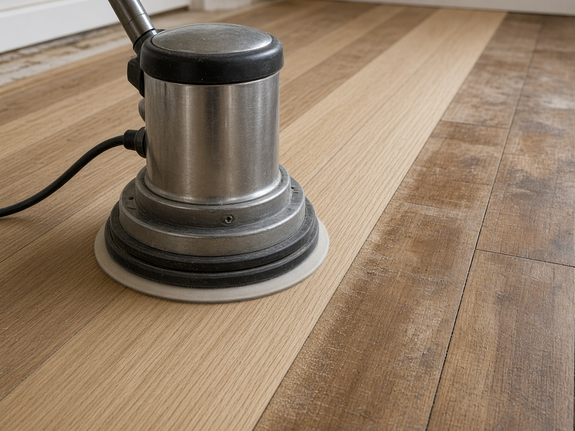 Floor buffer on a partly sanded hardwood strip